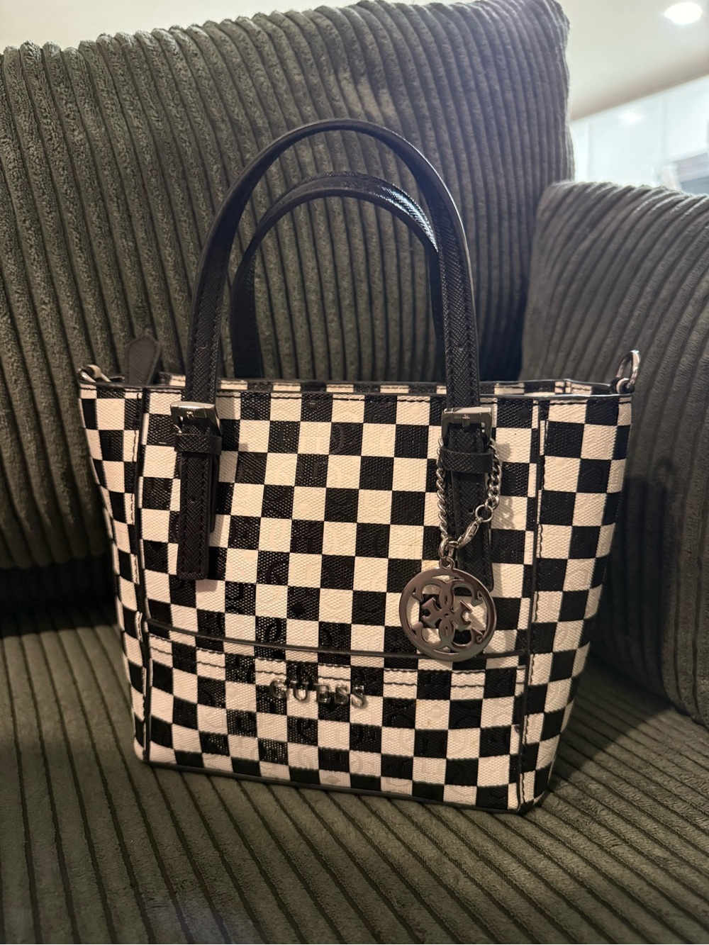 Guess Black and White Checkered Mini Tote with Charm